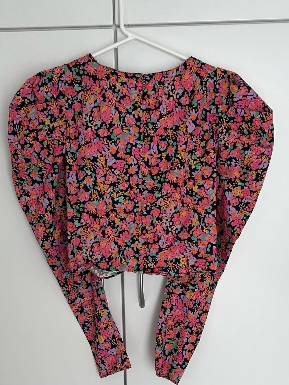 Zara Floral Poplin Puff-Sleeve Top - Dark Pink Size S - Picture 6 of 8